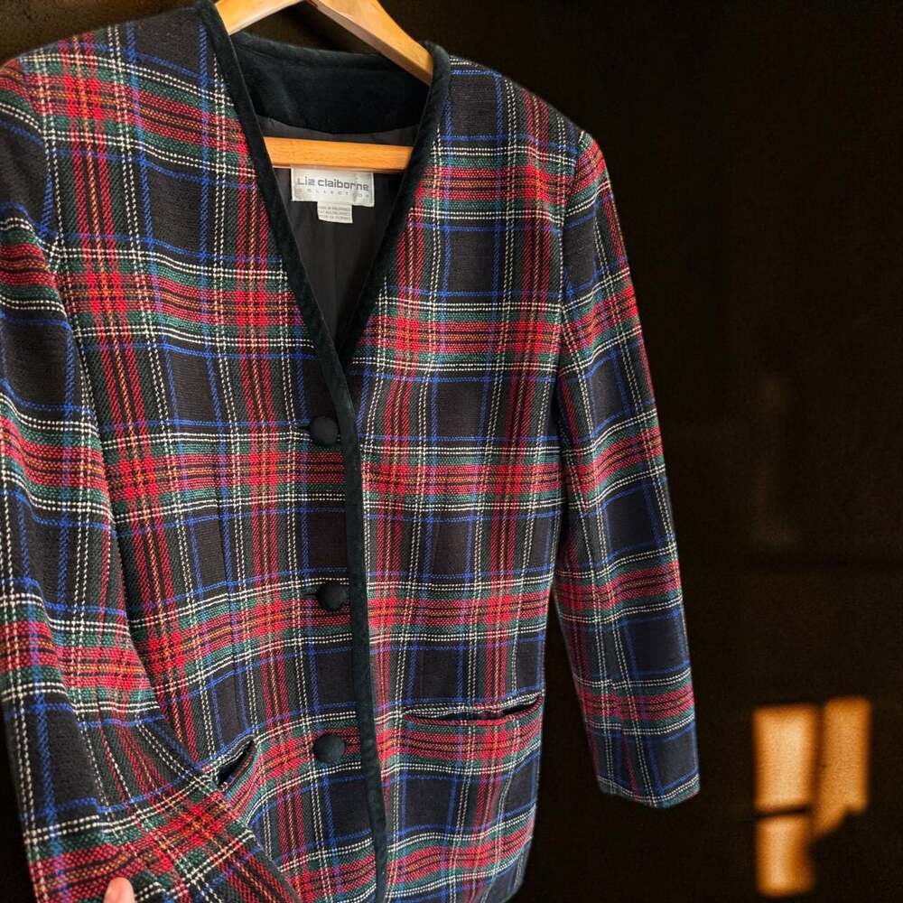 Vintage Liz Claiborne Collection Red Tartan Plaid Blazer Jacket